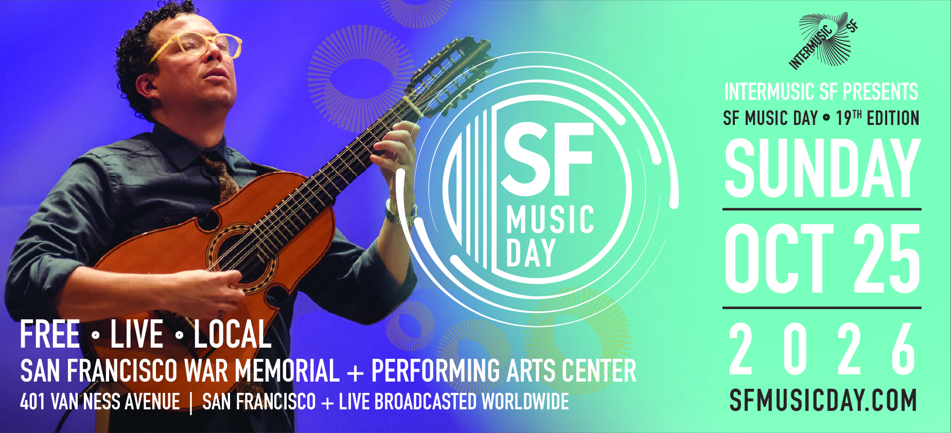 SF Music Day, Sunday, October 25, 2026, at the San Francisco War Memorial and Performing Arts Center.